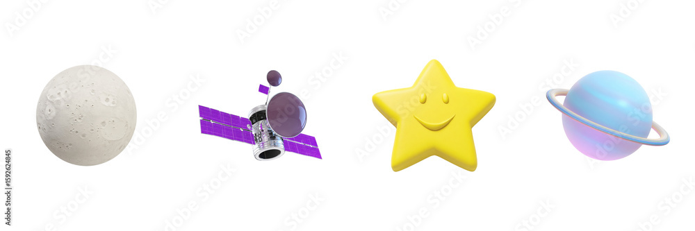 Poster space-themed 3d icons set. celestial objects and satellite collection isolated on transparent backgr