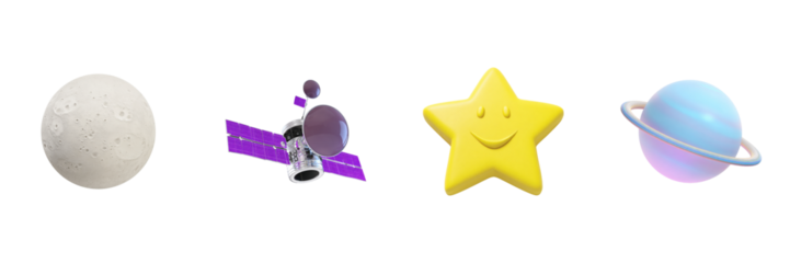 Space-Themed 3D Icons Set. Celestial Objects And Satellite Collection Isolated On Transparent Background