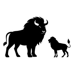Lion and buffalo face off silhouette
