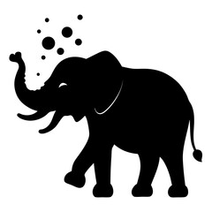 Silhouette of an elephant splashing water in black and white