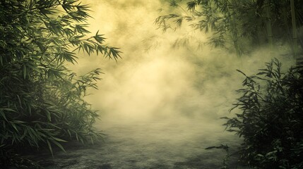 Obraz premium Misty Bamboo Forest Path, Serene Nature Scene, Foggy Green Landscape, Tranquil Asian Garden, Calm Riverbank, Digital Art