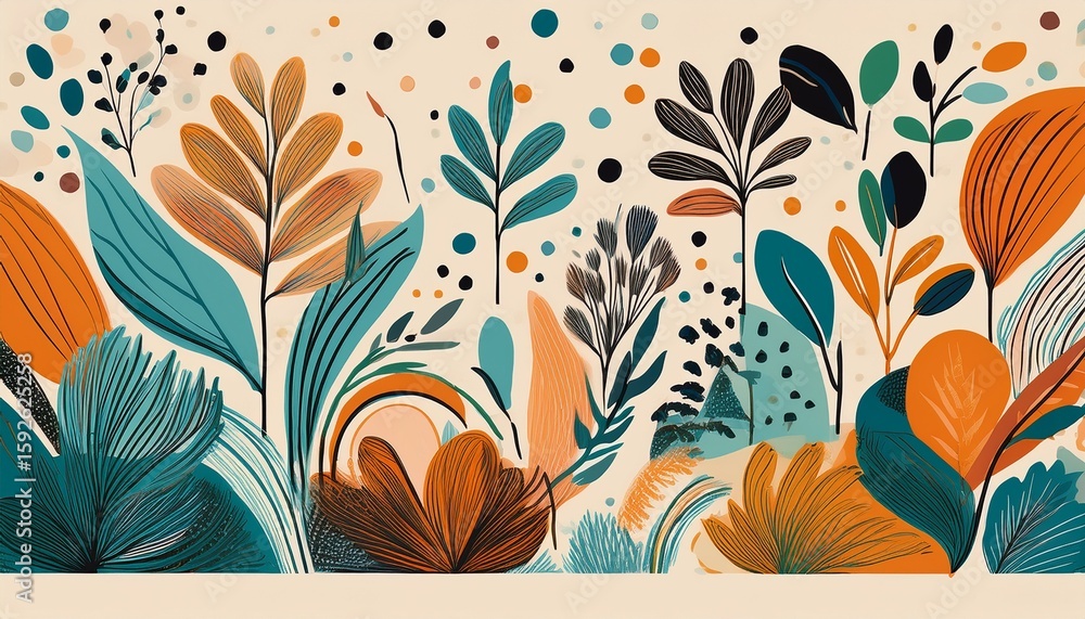 Poster colorful abstract pattern featuring plants and shapes on a light background ideal for textiles