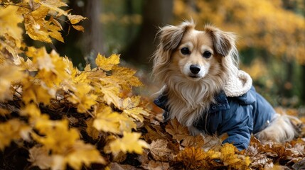 Cute puppy in a stylish jacket sticks out its tongue against an autumn forest backdrop featuring vibrant yellow hues and plenty of empty space for text