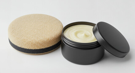 Car wax cream with applicator sponge in a product display