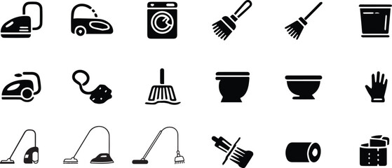 Collection of cleaning tools and appliances icons