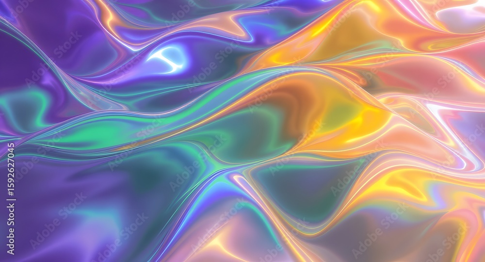 Poster abstract digital art featuring iridescent, flowing shapes with a vibrant spectrum of colors reflecti