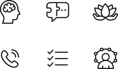 Collection of six simple icons representing mental health and well being
