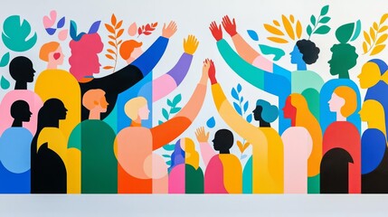 A vibrant illustration of diverse individuals celebrating unity and collaboration through colorful, abstract shapes.