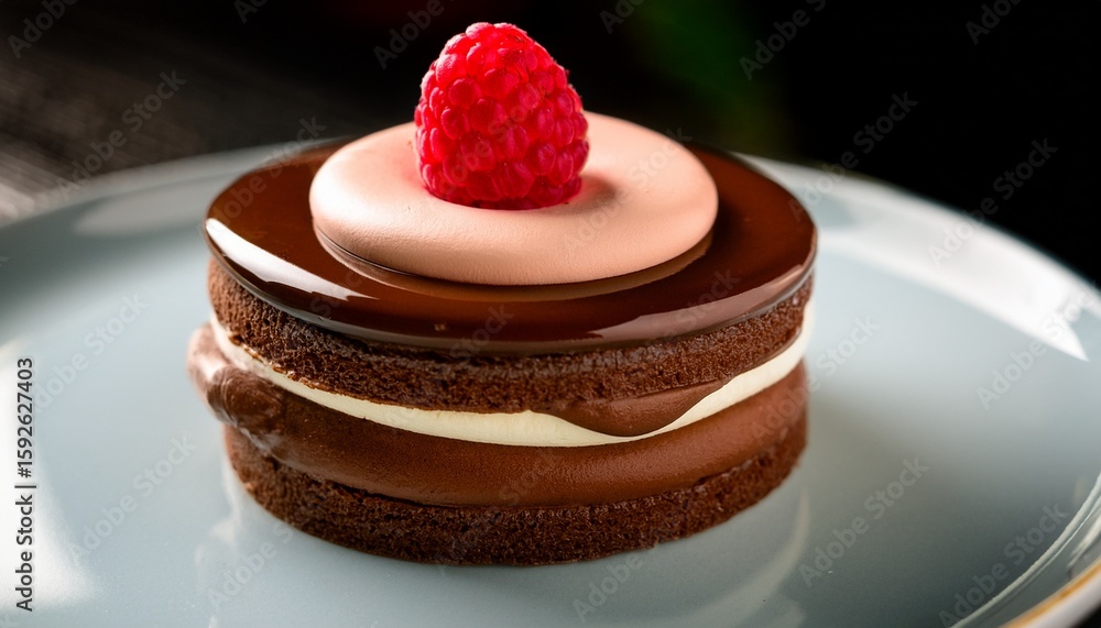 Aufkleber a fancy dessert with layers of cake and rich cream topped with glossy chocolate and a bright raspber
