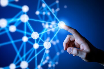 Hand touching glowing node on a network connection