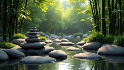 Zen garden scene featuring balanced stone cairn in tranquil water with bamboo backdrop creates calm.