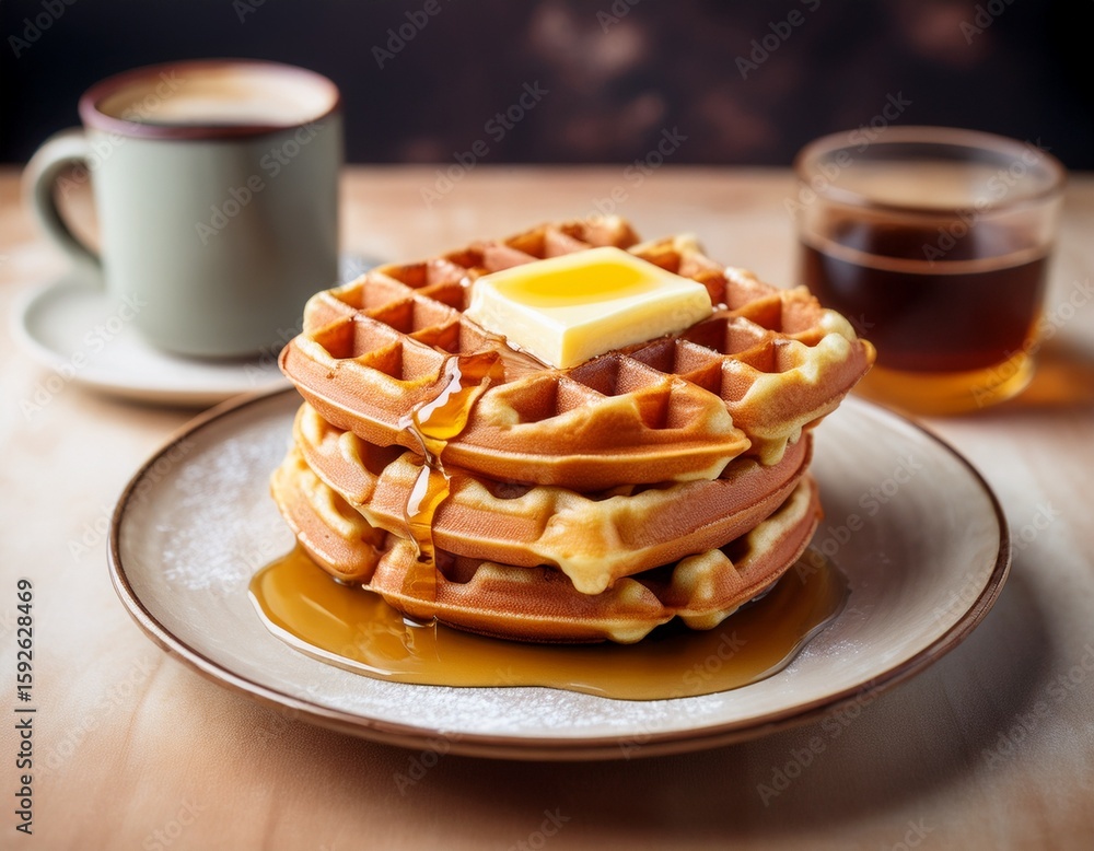 Poster stack of waffles topped with butter and syrup served with a side of coffee