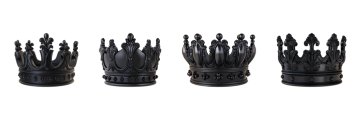Black Ornate Crowns Set. Luxury And Royalty Symbol Collection Isolated On Transparent Background