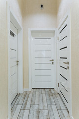The modern hallway has sleek white doors and stunning wooden flooring, creating an inviting...