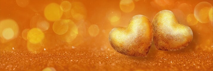 Two golden hearts on a warm orange background
