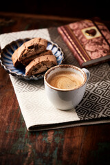 Cup of coffee on wooden background. Soft focus. Copy space	