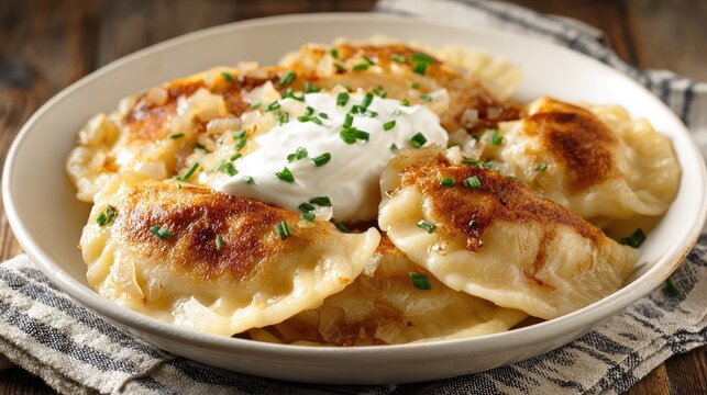 Crispy pierogi topped with sour cream and chives