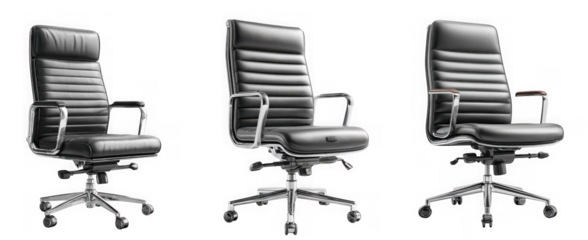 Three black leather executive office chairs with chrome accents isolated on white isolated on transparent background