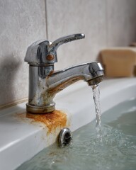 Running tap unveils dirty water stains in a soft white bathroom setting filled with reflections and textures from wear and time