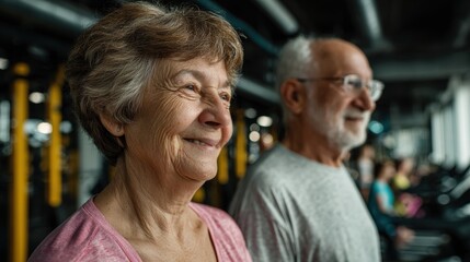 Obraz premium Elderly couple enjoys group fitness class, radiating joy and vitality in pastel activewear at the gym