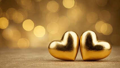 Two golden hearts on a textured surface, bokeh background