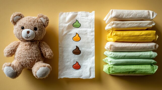 Whimsical flat lay featuring baby wipes, a cuddly toy, and a playful poop color chart against a creamy background