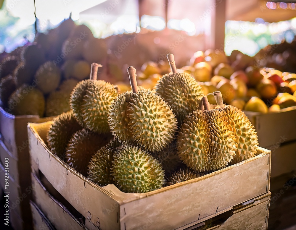 Aufkleber boxes of fresh durians neatly arranged in rows at a fruit market captured in sharp focus with vibran