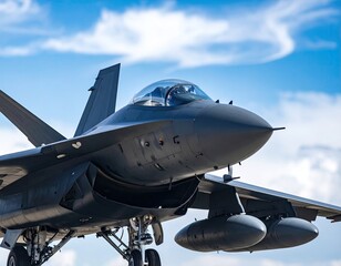 Obraz premium Military jet on runway against a partly cloudy sky