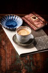 Cup of coffee on wooden background. Soft focus. Copy space	
