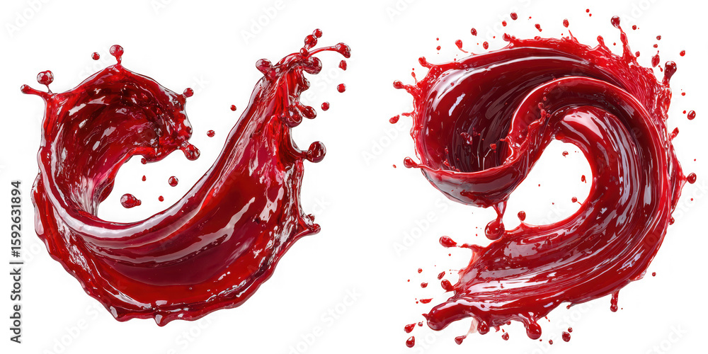 Poster two dynamic splashes of red juice in motion isolated on transparent background