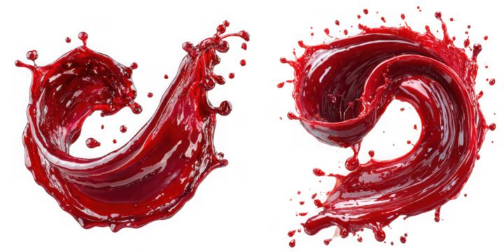 Two dynamic splashes of red juice in motion isolated on transparent background