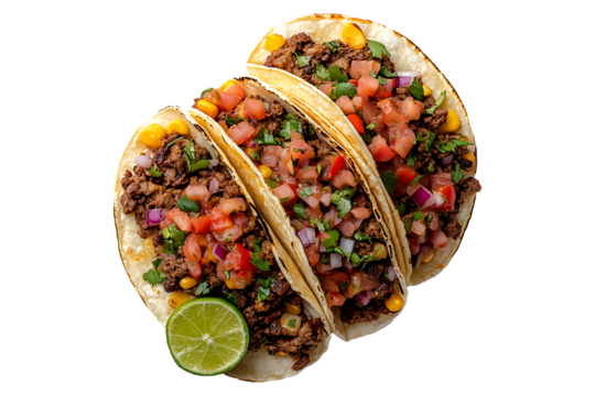 Top view of Mexican food marbacoa tacos high quality realistic image