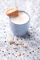 Cappuccino on bright background. Soft focus. Copy space	