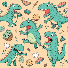 Fun dinosaur party handdrawn or doodle seamless pattern for kids apparel or textile background featuring dinosaurs and sweets