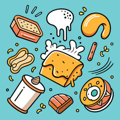 Handdrawn doodle food seamless pattern featuring diverse tasty snacks and dishes on a light blue background