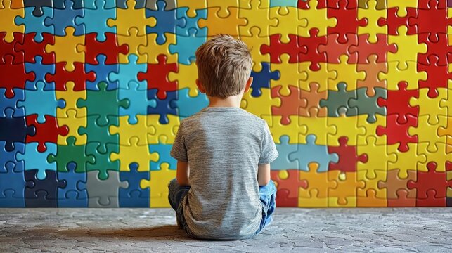 A young boy with autism engaged with a colorful puzzle wall. - Powered by Adobe