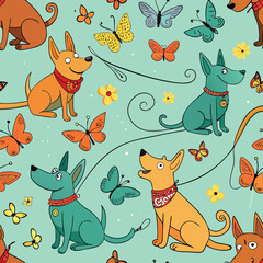 Handdrawn doodle seamless pattern featuring dogs butterflies and flowers cheerful canine design for textile prints and wallpaper playful animal motif on light green background