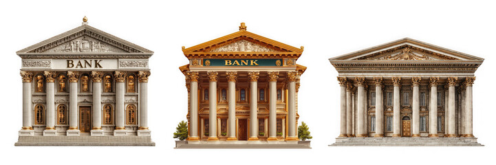 Obraz premium Three classical bank buildings with columns and pediments isolated on transparent background