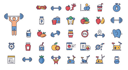 Fototapeta premium A vibrant set of fitness and nutrition icons symbolizing a healthy routine, covering gym equipment, dieting, and nutritional supplements for wellness.