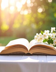 Open book with jasmine flowers on a white table outdoors