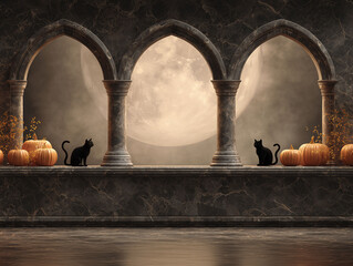 Black cats and pumpkins on marble ledge with full moon
