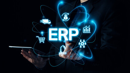 ERP platform visual showing centralized system for enterprise resource planning, improving...
