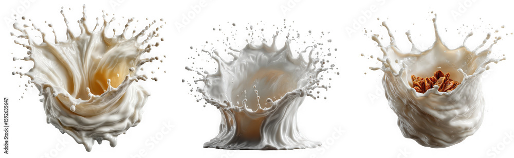 Poster white liquid splashes in dynamic motion, isolated on a transparent background