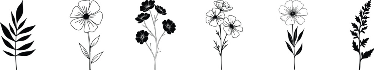 Floral Stems and Flowers Line Art - AI Generative

