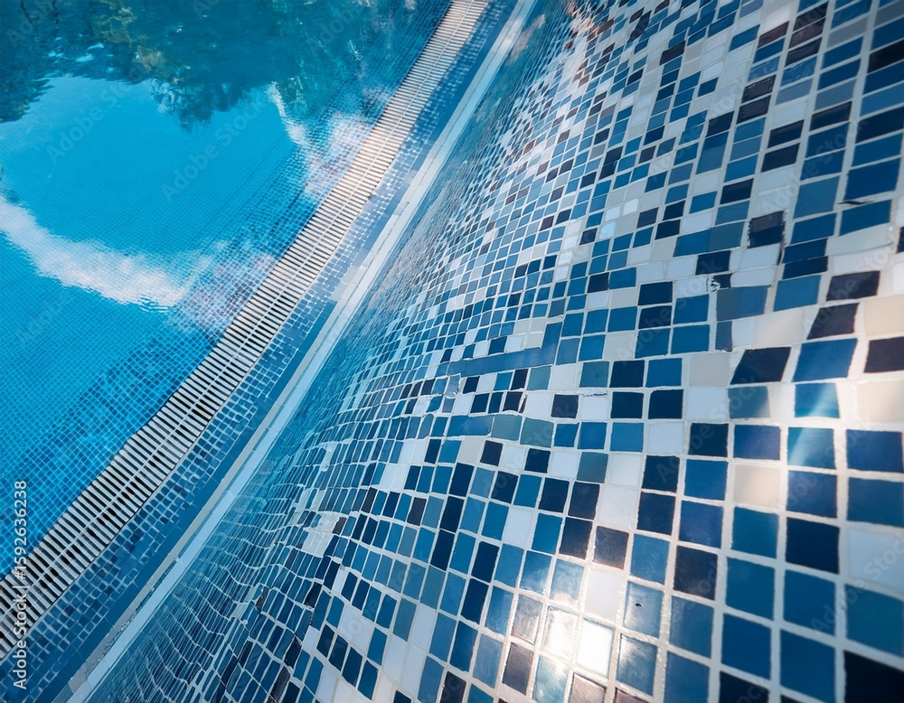 Poster surface of a clear swimming pool with blue and white square tiles reflecting sunlight creating a pea
