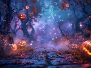 Enchanted Halloween forest path with glowing jack o lanterns