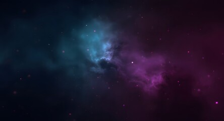 Abstract cosmic scene featuring nebulae in shades of blue and purple with scattered star particles. Dark background highlights the vibrant colors of the celestial clouds