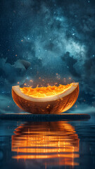 Glowing Cantaloupe Slice Floating Under Starry Sky