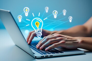 Typing on laptop with ai lightbulb illustrations