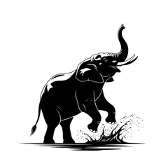 Silhouette of an elephant splashing in water with its trunk raised high up